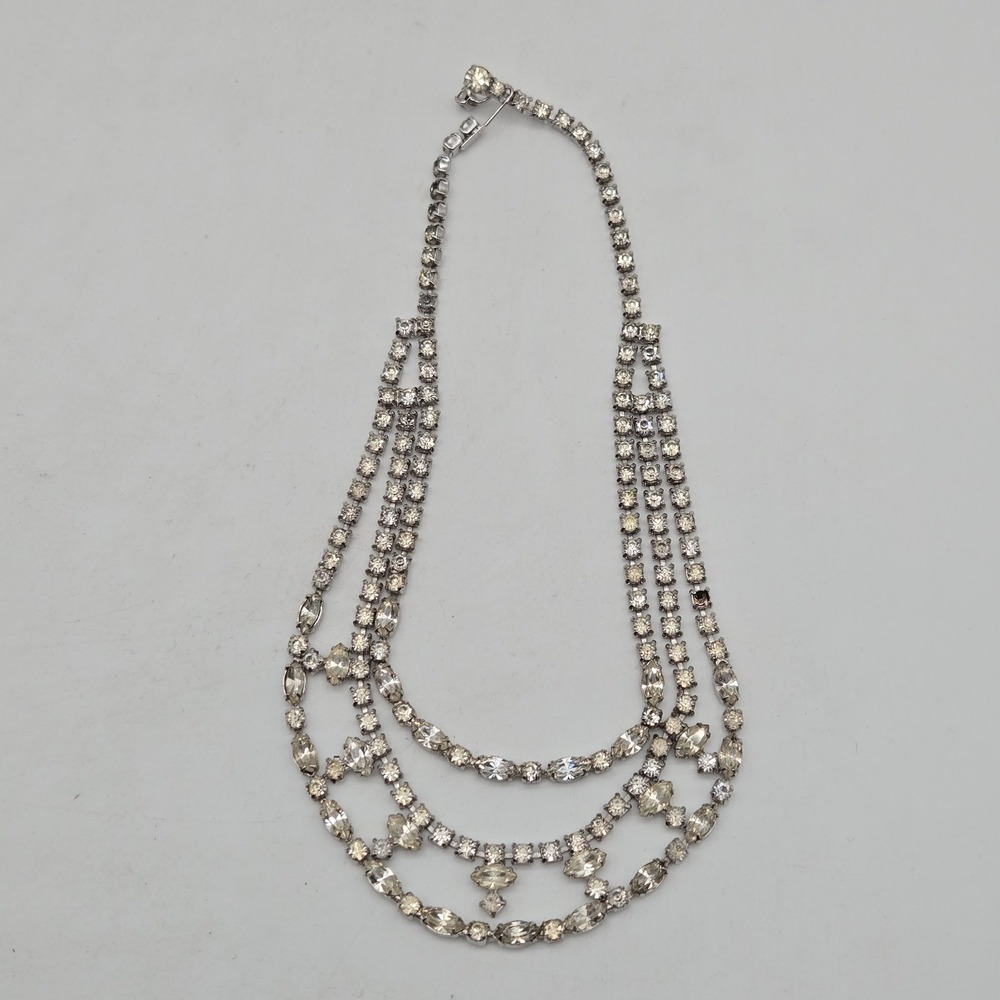 Vintage Kramer Rhinestone Necklace Clear Silver Toned 3 Strand 15" inch